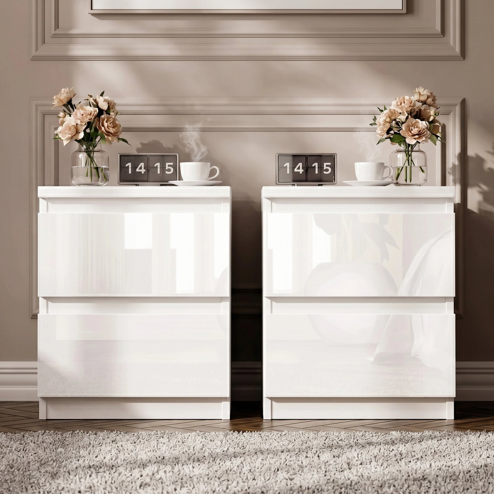 [White]  pair of high gloss bedside tables with handleless push-open drawers styled with clock and lamp