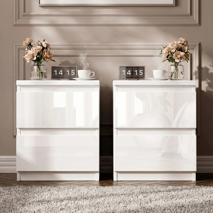 [White]  pair of high gloss bedside tables with handleless push-open drawers styled with clock and lamp