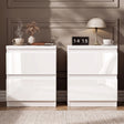 [White]  pair of high gloss bedside tables with handleless push-open drawers styled with clock and lamp