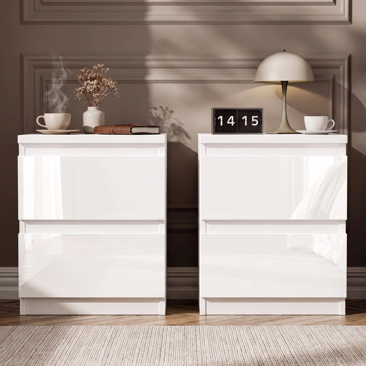Bedside Tables Set 2 High Gloss 2 Drawer Bedroom Storage