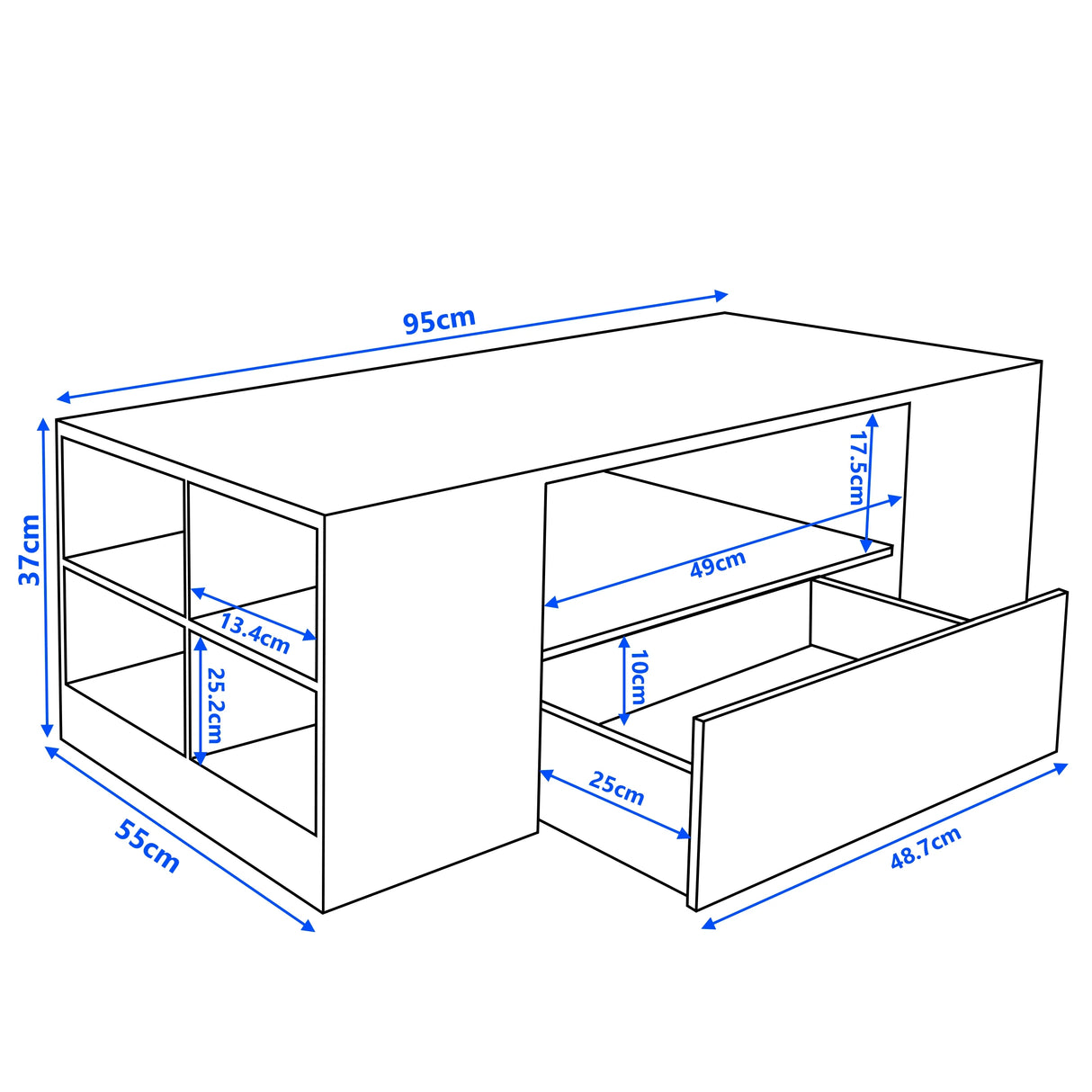 Dimensions of a furniture piece with blue measurement lines on a white background