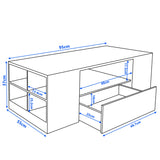 Dimensions of a furniture piece with blue measurement lines on a white background