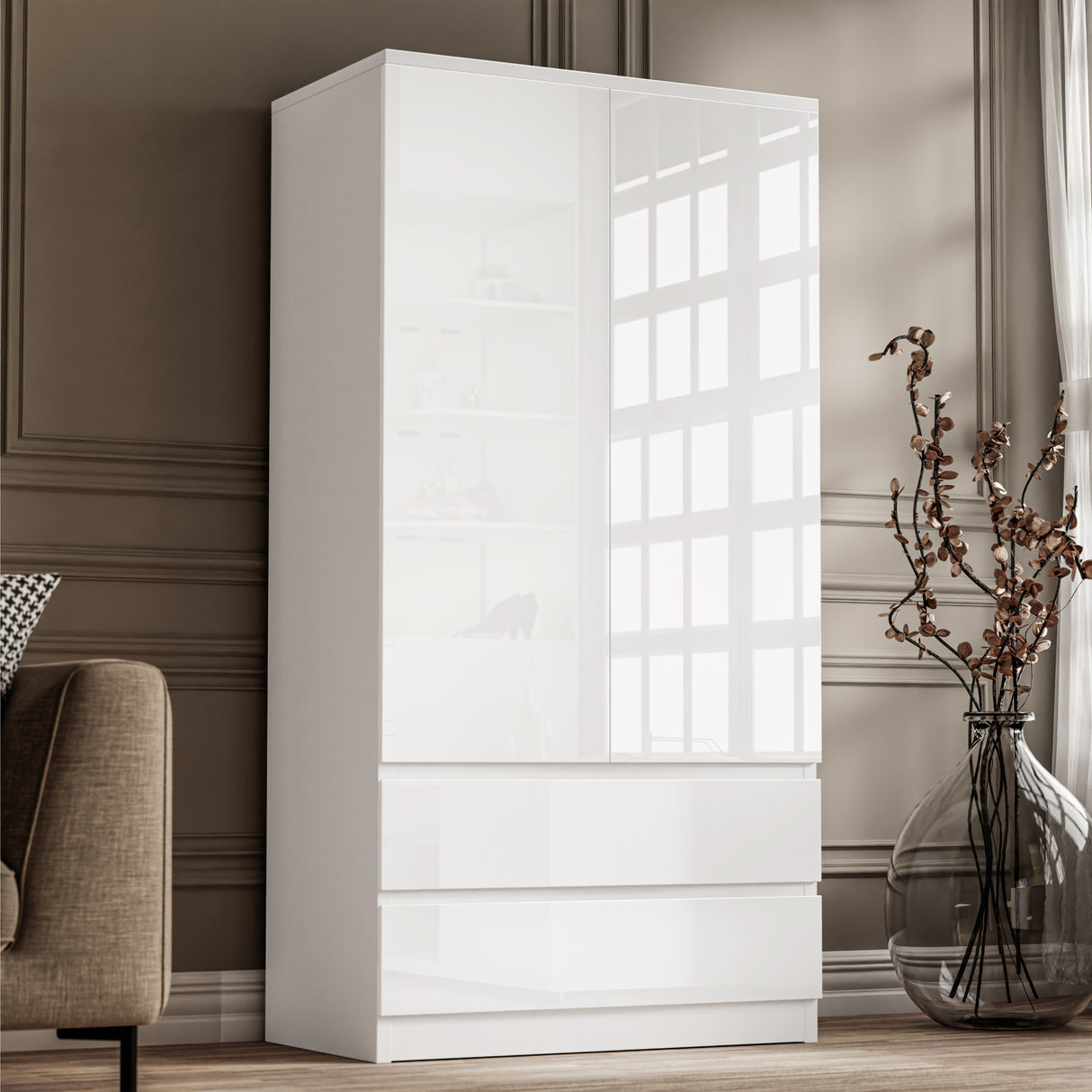modern handleless white high gloss double wardrobe with drawers placed against a wall of an organised room