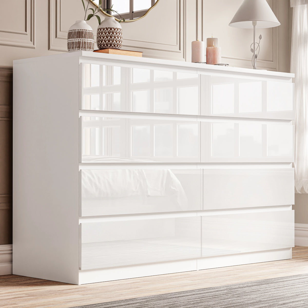 High Gloss Wide 8 Drawer Chest Drawers Bedroom Dresser