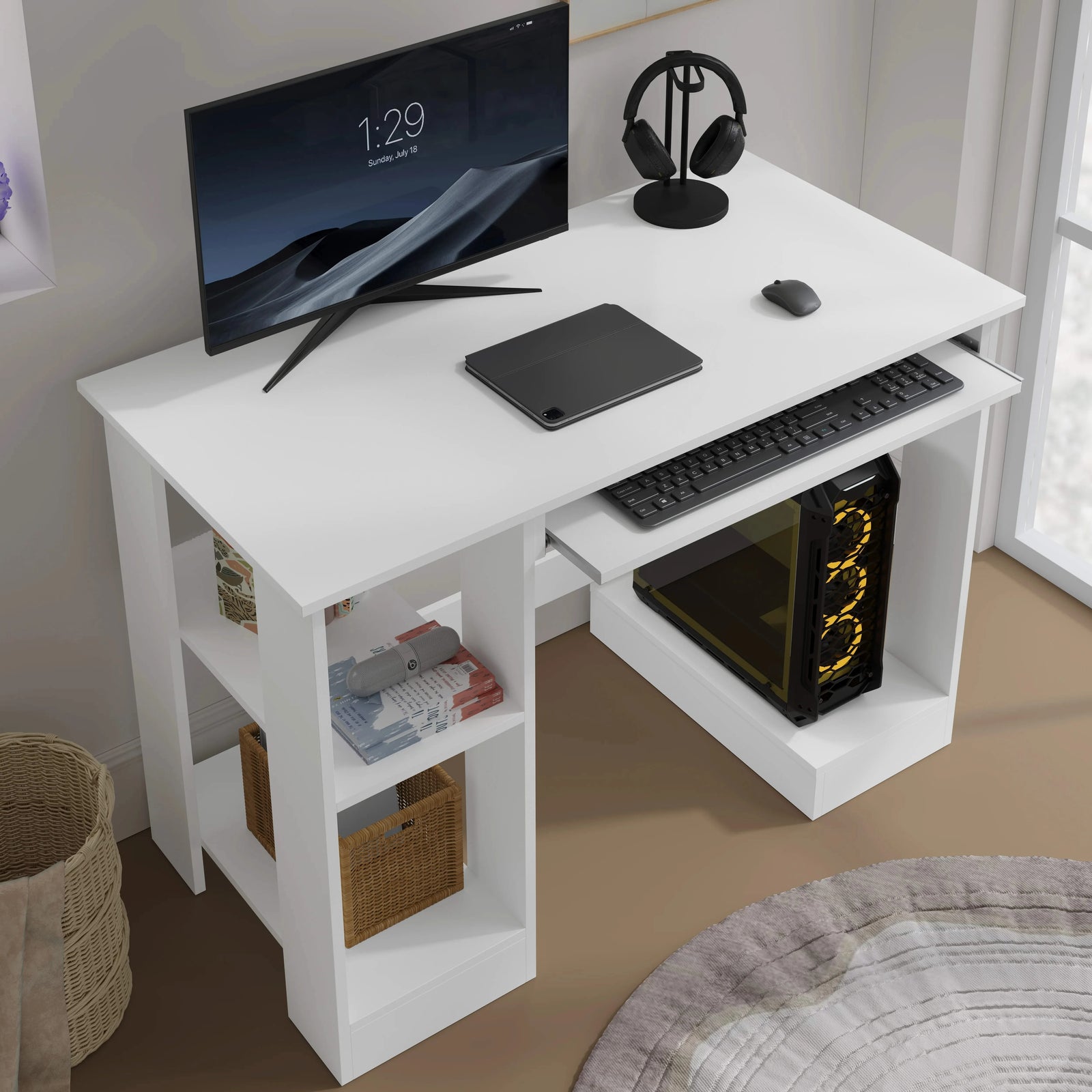 [White] Compact white home office desk with monitor on top, books in left cube and woven basket below