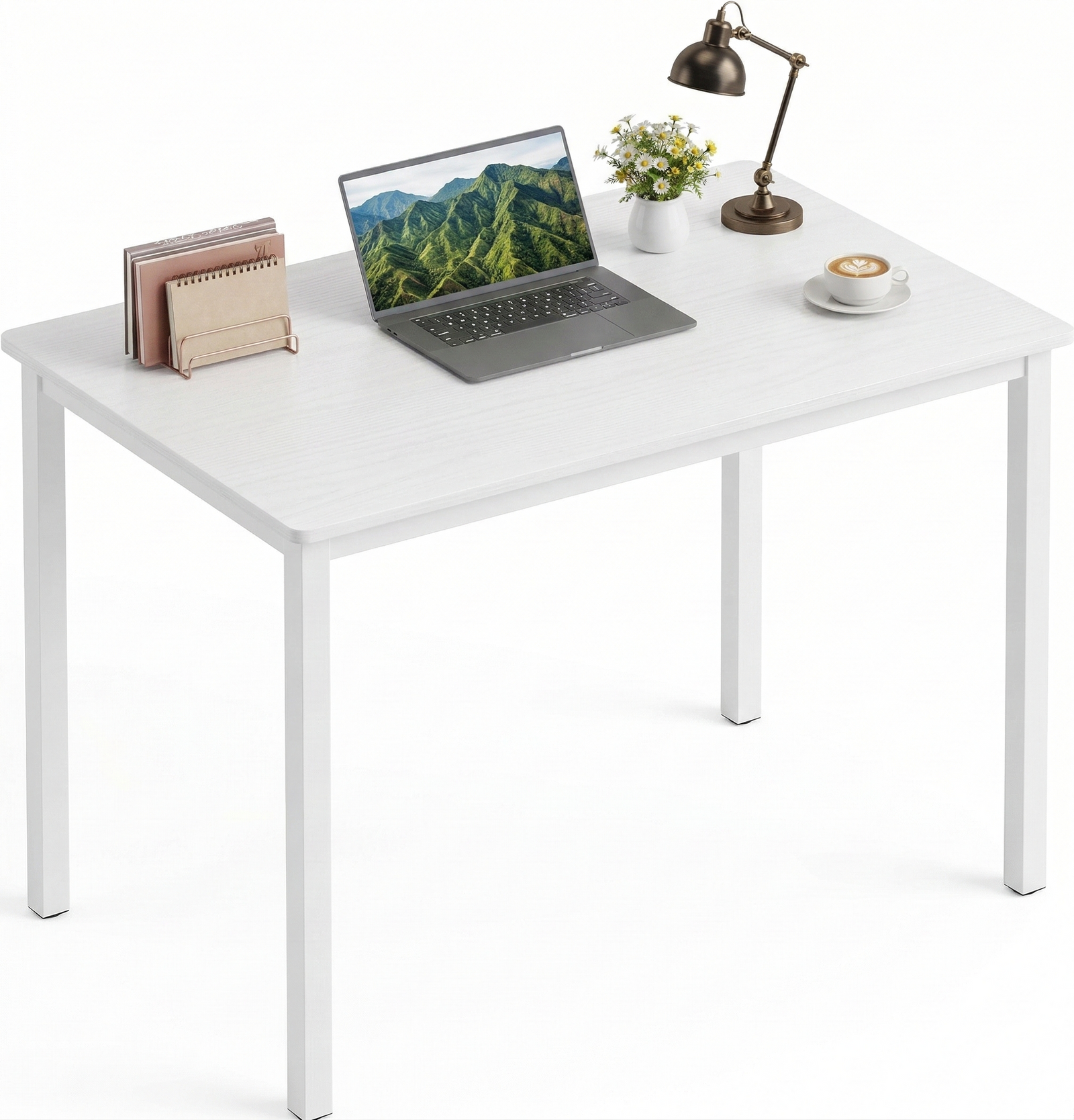 [80 x 50 cm] Home Office Desk angled product shot on white background showing four-leg frame with laptop, notebook holder, brass lamp, daisy posy, and coffee cup on surface