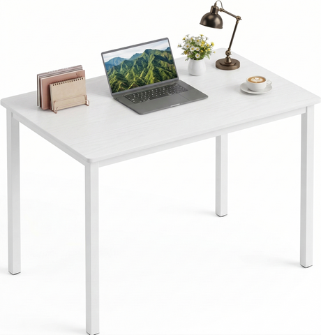 [80 x 50 cm] Home Office Desk angled product shot on white background showing four-leg frame with laptop, notebook holder, brass lamp, daisy posy, and coffee cup on surface