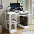 White computer desk with a monitor, keyboard, and other accessories in a room with a window.