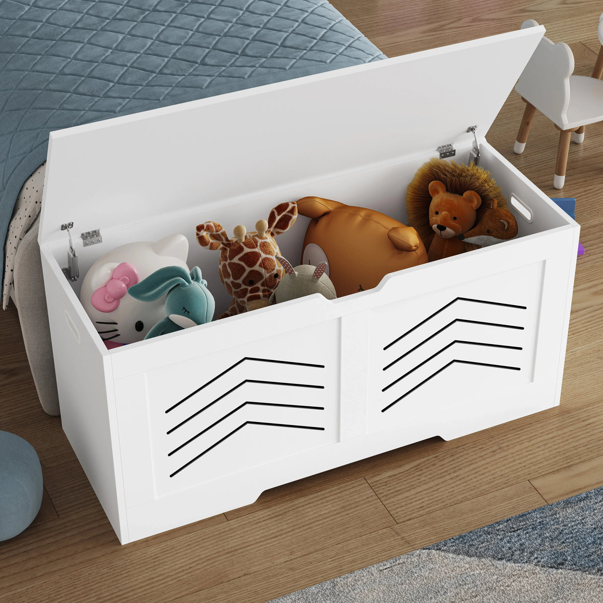 Toy Storage Box - Kids Storage Chest Blanket Box with Safety Hinges | DHS in white with arrow design, filled with plush toys, ideal for bedroom or playroom.