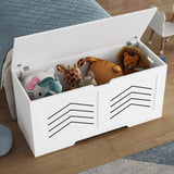 Toy Storage Box - Kids Storage Chest Blanket Box with Safety Hinges | DHS in white with arrow design, filled with plush toys, ideal for bedroom or playroom.