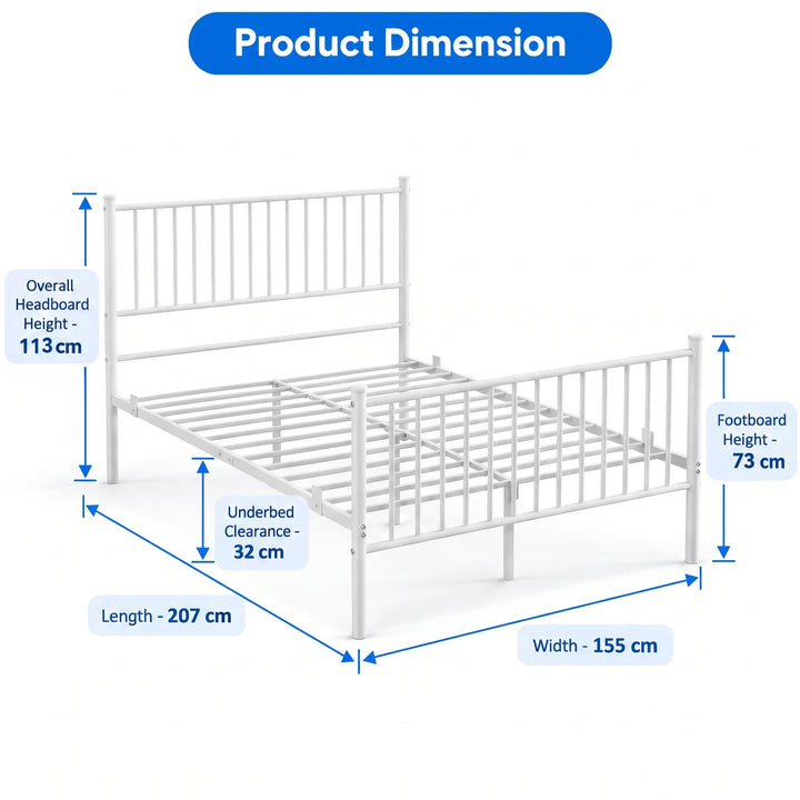 [White | King] Size diagram showing 155x207cm frame, 113cm headboard, 73cm footboard, and 32cm under-bed clearance.