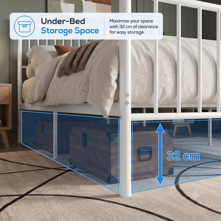 [White | King] Storage graphic showing wooden trunks beneath the bed, with blue shading and a 32cm clearance arrow.