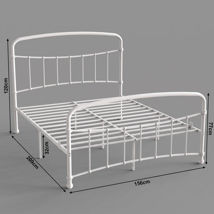 [White | King] Bed frame diagram showing 156cm width, 209cm length, 120cm headboard, 77cm footboard, and 32cm clearance.