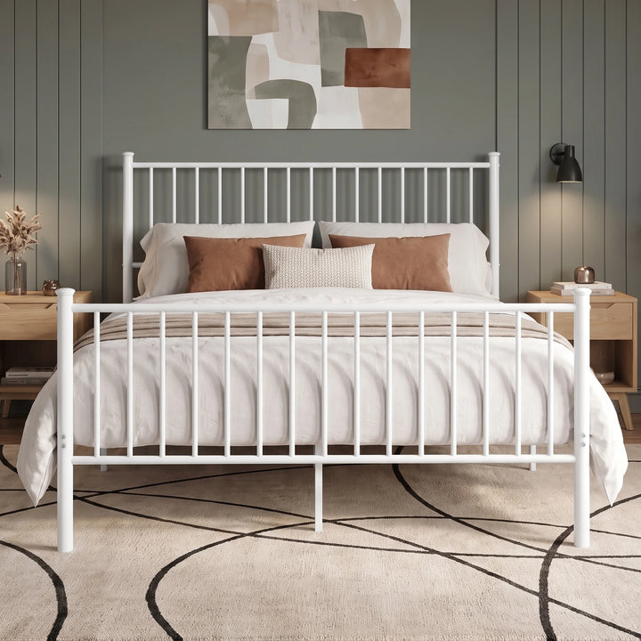[White | King] Front view showing bar headboard and footboard, centre leg, rust cushions, and wooden bedside tables.