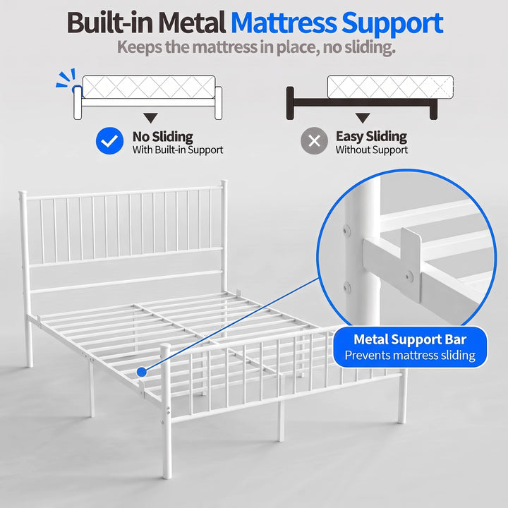 [White | King] Mattress support graphic showing metal slats, a raised stop close-up, and sliding comparison diagrams.