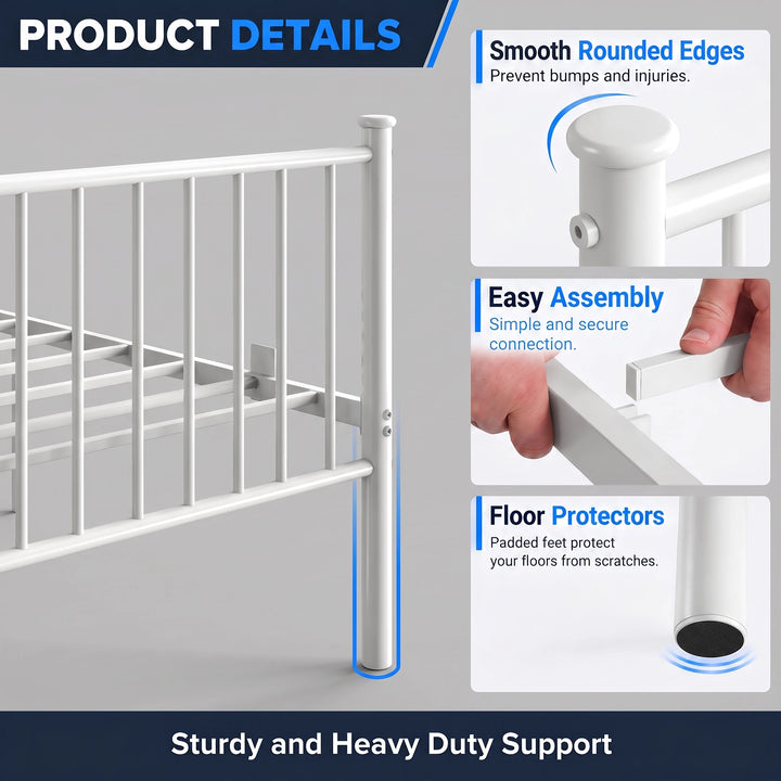 [White | King] Detail graphic showing a rounded post cap, hands joining frame parts, and a padded foot close-up.