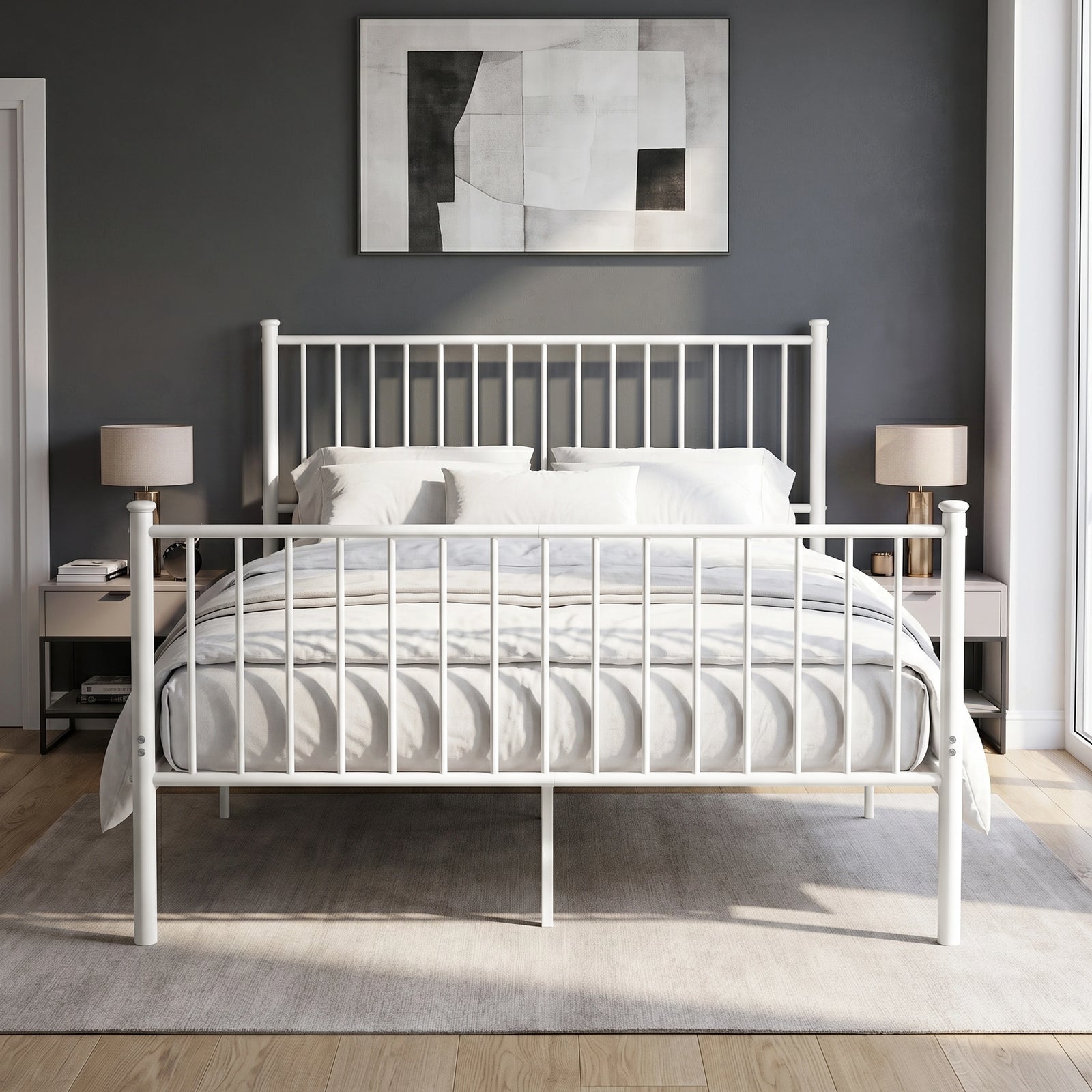 [White | King] Front view of metal bed with white-grey bedding, bar ends, centre leg, two bedside lamps and abstract wall art