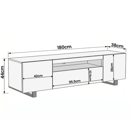 [White] Kystra TV unit line diagram: 180cm wide, 38cm deep, 44cm tall with side cabinet 42cm and centre 95.5cm