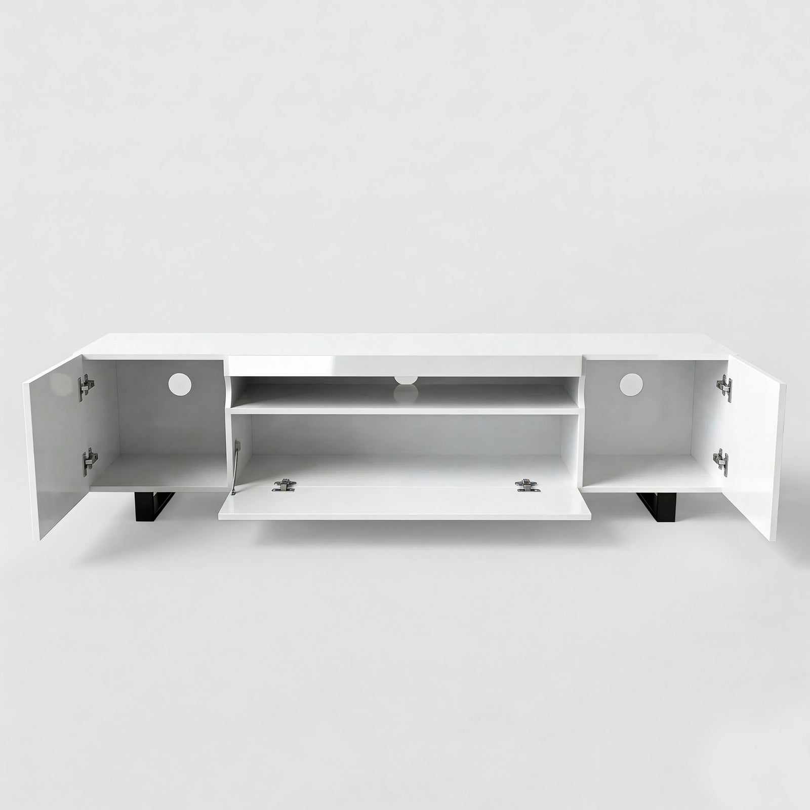 [White] Kystra TV unit on plain white background with all doors open, side cabinets exposed and centre flap door dropped