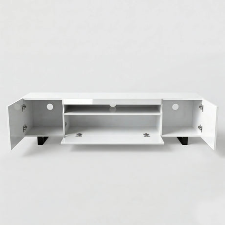[White] Kystra TV unit on plain white background with all doors open, side cabinets exposed and centre flap door dropped