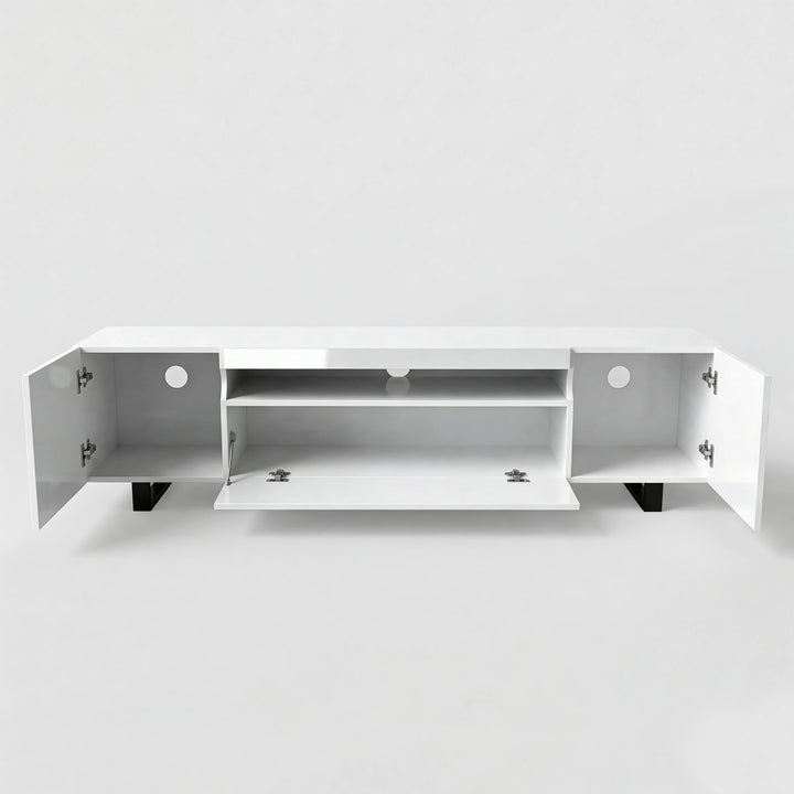 [White] Kystra TV unit on plain white background with all doors open, side cabinets exposed and centre flap door dropped