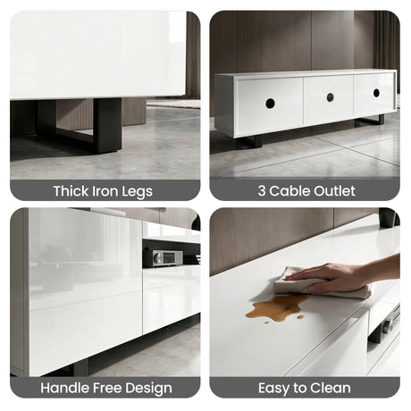 [White] Kystra TV unit feature grid: iron leg detail, three round cable outlets, handleless door and surface wipe