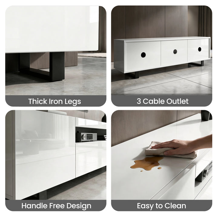 [White] Kystra TV unit feature grid: iron leg detail, three round cable outlets, handleless door and surface wipe