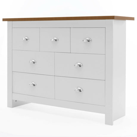 Spacious white large chest of drawers with a wooden top and sleek silver cup handles, and storage.