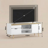 [White | 112 cm] Larvik annotated dimension diagram showing 112x40x55cm unit, 33cm door width, 43cm shelf width, and 43–55 inch TV compatibility