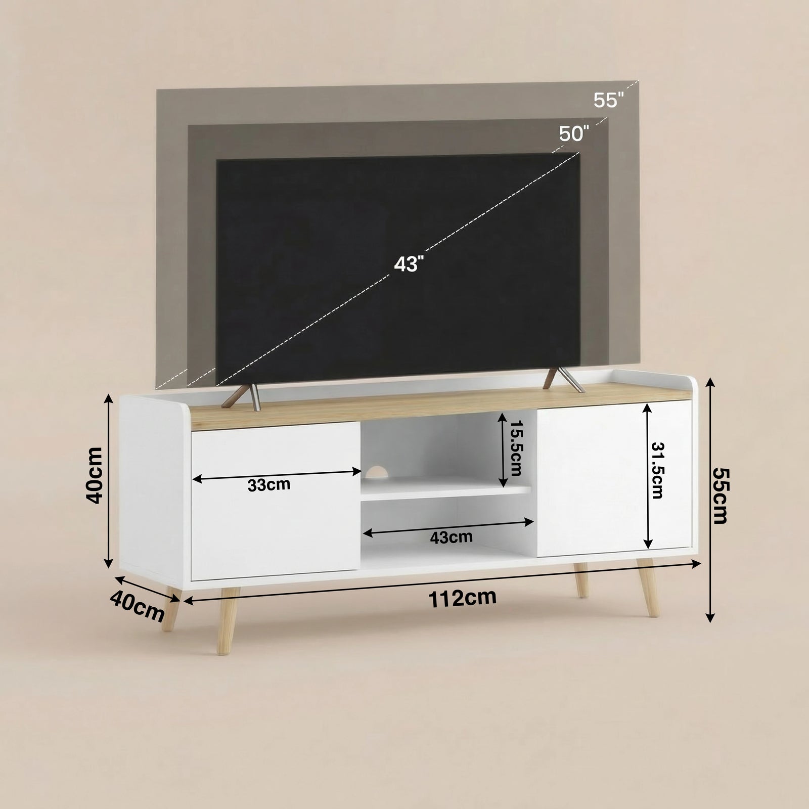 [White | 112 cm] Larvik annotated dimension diagram showing 112x40x55cm unit, 33cm door width, 43cm shelf width, and 43–55 inch TV compatibility