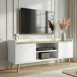 [White | 112 cm] Larvik styled in a bright panelled living room with wall-mounted TV, pampas grass vase, soundbar, and speaker on open shelves