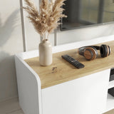 [White | 112 cm] Larvik close-up of oak top surface with pampas grass vase, remote control, headphones, and smooth white curved side edge