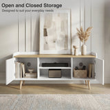 [White | 112 cm] Larvik front view with both doors open revealing books, soundbar, speaker, woven basket, and cable holes in panelled room