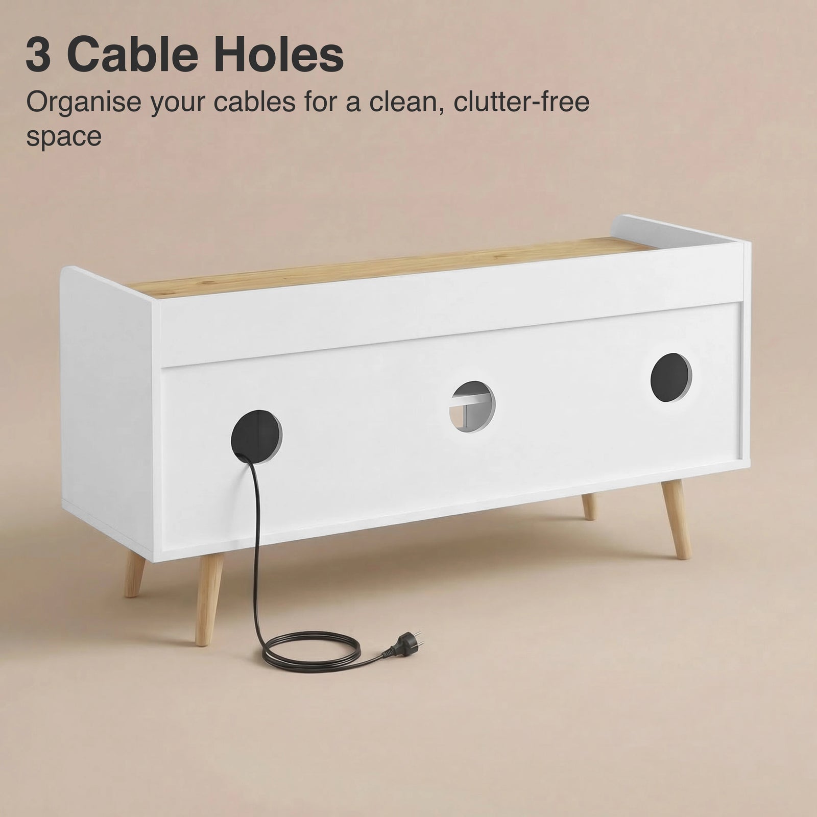 [White | 112 cm] Larvik rear panel showing three cable management holes with power cord threaded through on beige background