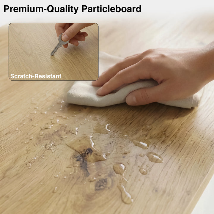 [White | 112 cm] Larvik oak top surface close-up with hand wiping water spillage and inset showing scratch-resistant key test