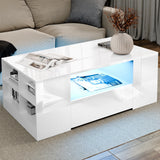 White coffee table with LED lighting in a living room setting