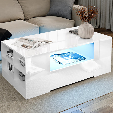 White coffee table with LED lighting in a living room setting
