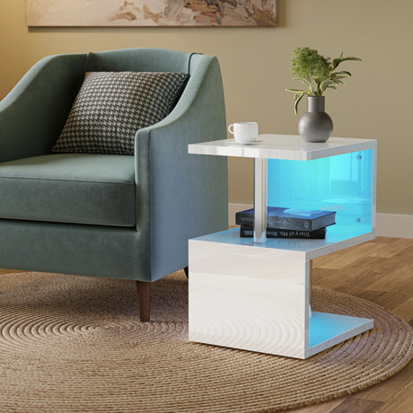 Modern living room with a green sofa and a side table with a glowing blue bottom shelf.