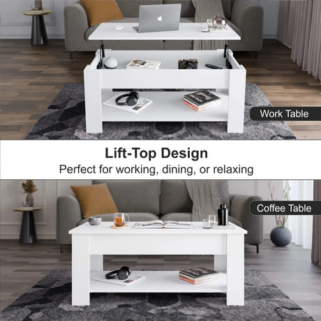 [White] Lift top coffee table shown open as work table and closed as coffee table.