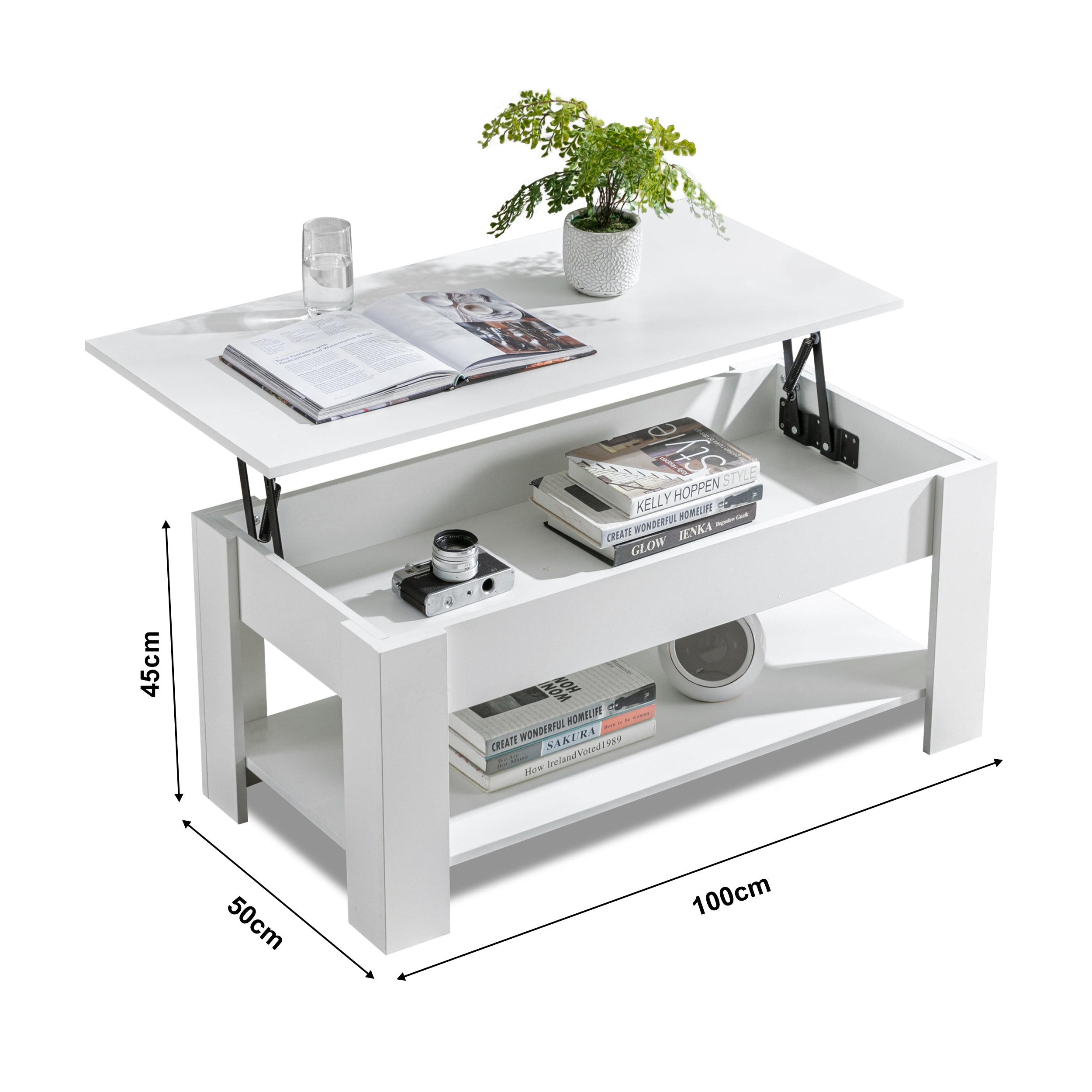 White coffee table with a lifting top, featuring books and a camera on the lower shelf.