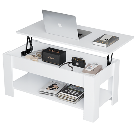 White lift top coffee table with hidden storage and shelf for modern living room.