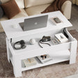 Lift top coffee table with storage in white finish, 100cm wide, featuring hidden compartment and lower shelf, ideal for modern living rooms.