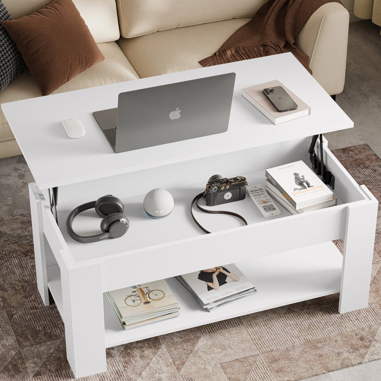 Lift top coffee table with storage in white finish, 100cm wide, featuring hidden compartment and lower shelf, ideal for modern living rooms.