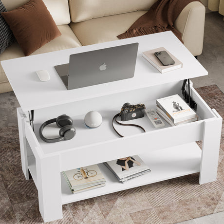 Lift top coffee table with storage in white finish, 100cm wide, featuring hidden compartment and lower shelf, ideal for modern living rooms.