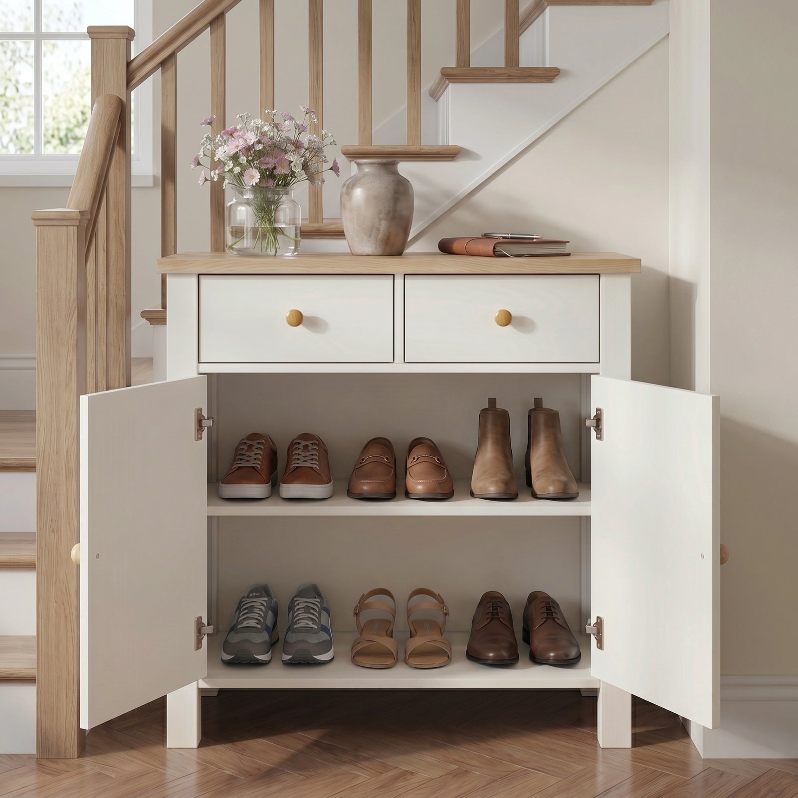 [White] Linra 2 door sideboard with drawers and spacious shoe storage in modern hallway interior