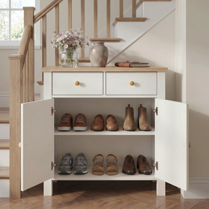 [White] Linra 2 door sideboard with drawers and spacious shoe storage in modern hallway interior