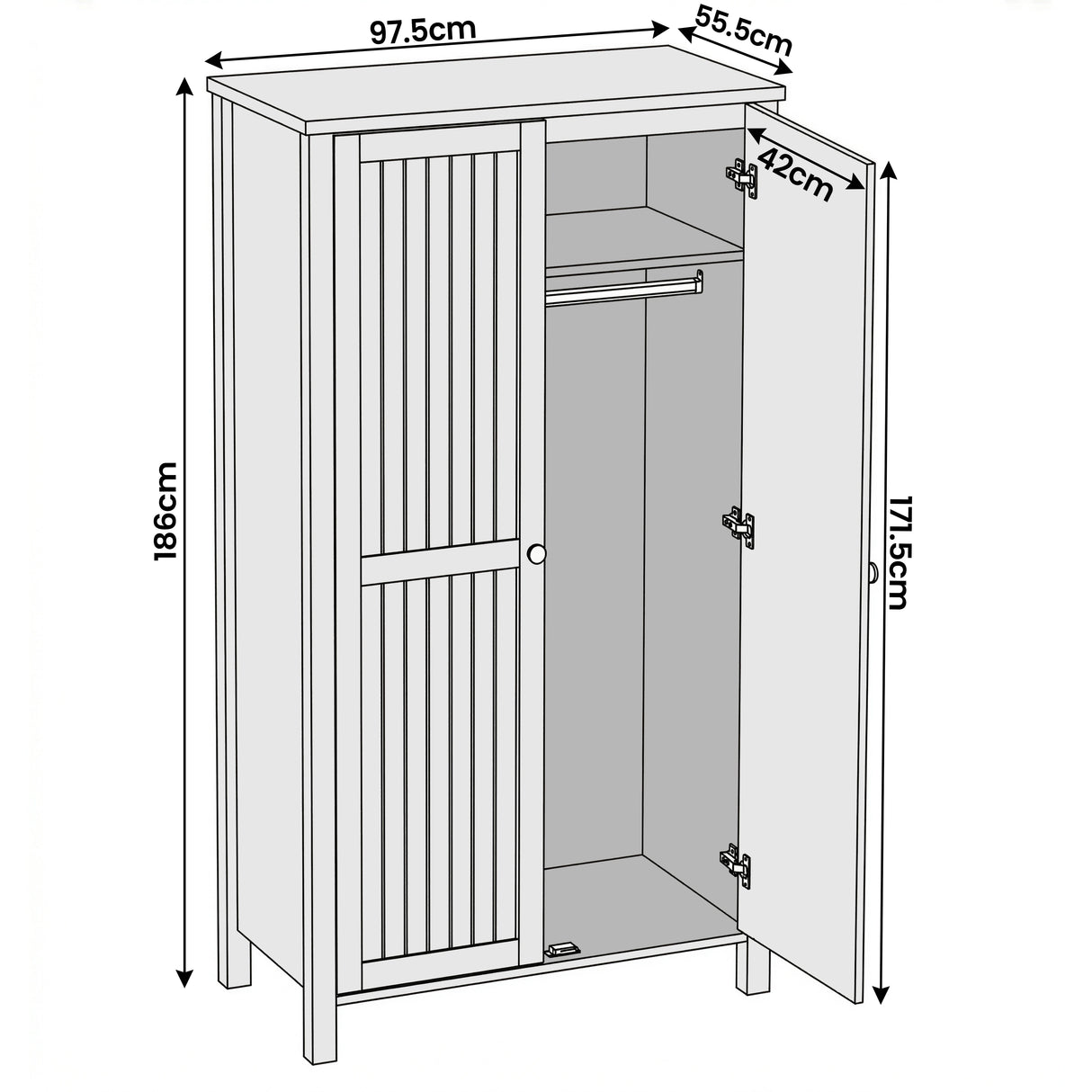 [White] Linra 2 Door Wardrobe dimensions diagram showing 97.5cm width, 55.5cm depth, 186cm height, and 171.5cm internal height
