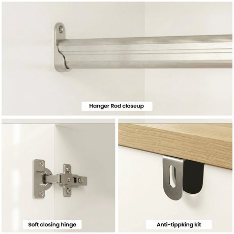 [White] Linra 2 Door Wardrobe hardware detail showing brushed metal hanging rail, soft-close hinge mechanism, and anti-tipping kit