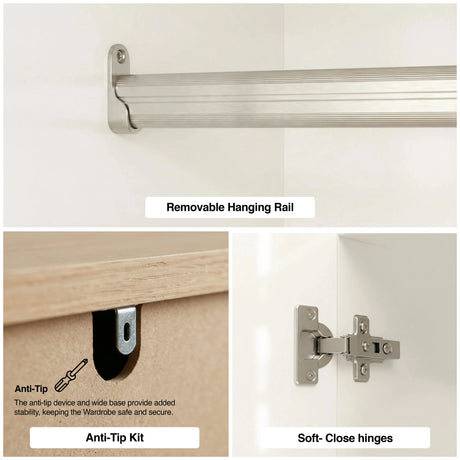 [White] Removable hanging rail, anti-tip kit, and soft-close hinges on a wardrobe