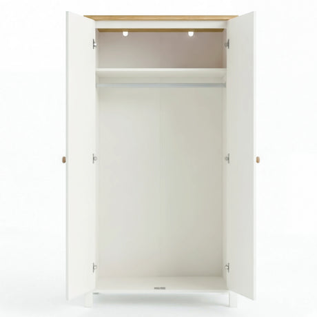 [White] Linra 2 door wardrobe with open doors, shelf and hanging rail on a white background